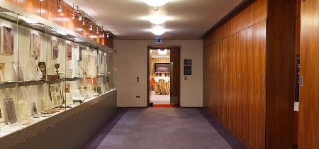 A carpeted hallway with illuminated display cabinets along one side